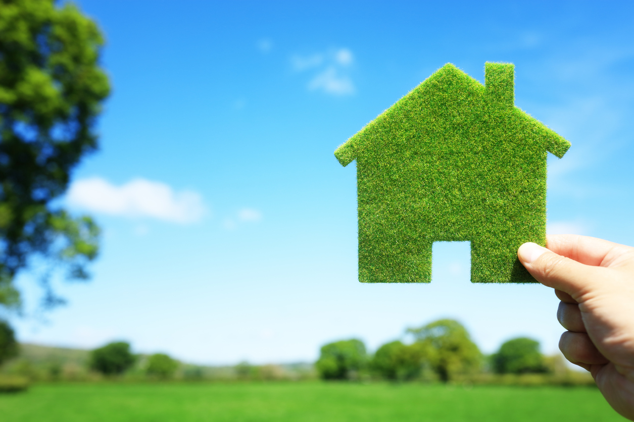 Green ecological house in empty field